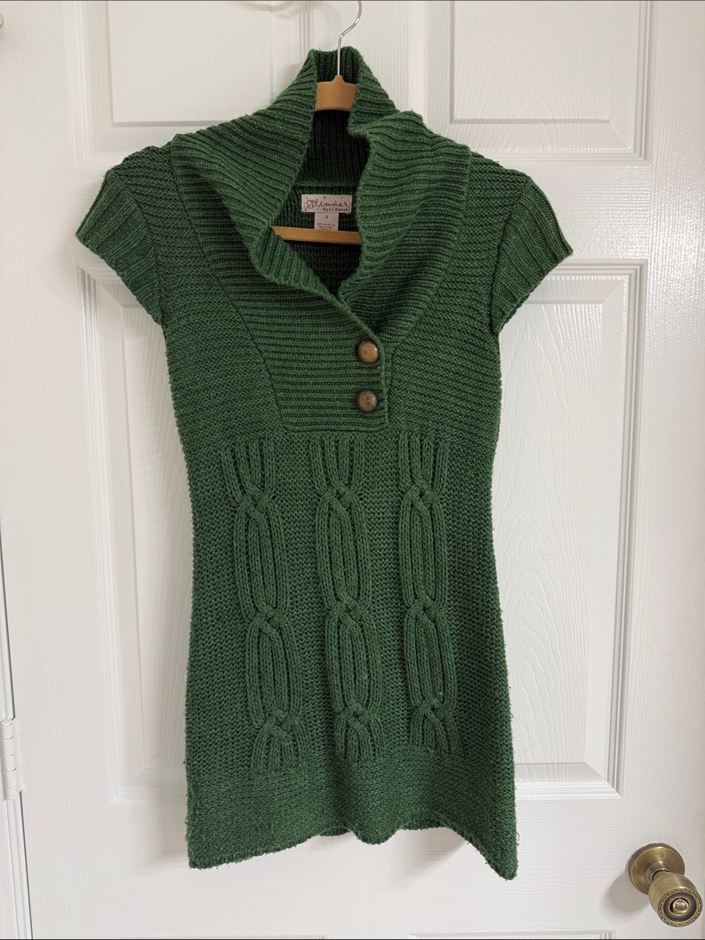 Green Cable-Knit Short-Sleeve Turtleneck Sweater Dress by Papaya